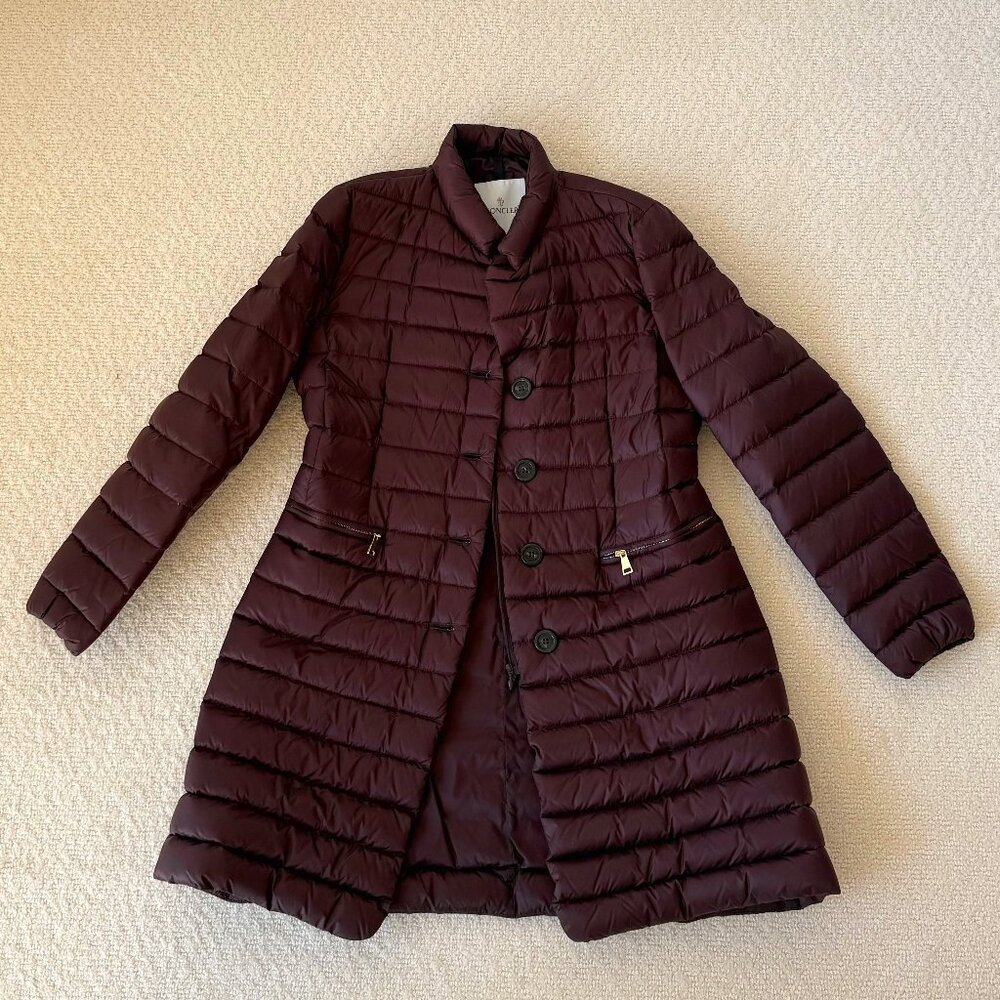 Moncler _ Eggplant Long Thin Puffer Jacket